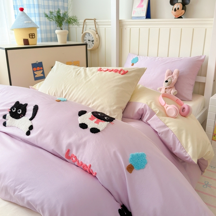 91家纺网 家纺一手货源 找家纺 锦觅 2025新款学生季全棉纯棉毛巾绣三件套奶油小清新刺绣四件套（全文件大图以及买家秀） 嬉戏猫咪