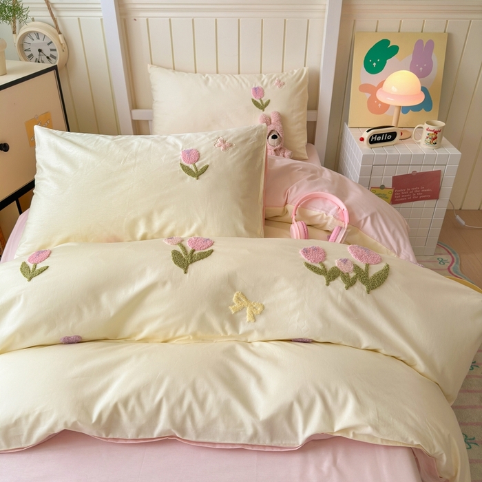 91家纺网 家纺一手货源 找家纺 锦觅 2025新款学生季全棉纯棉毛巾绣三件套奶油小清新刺绣四件套（全文件大图以及买家秀） 蝶恋花（米粉）