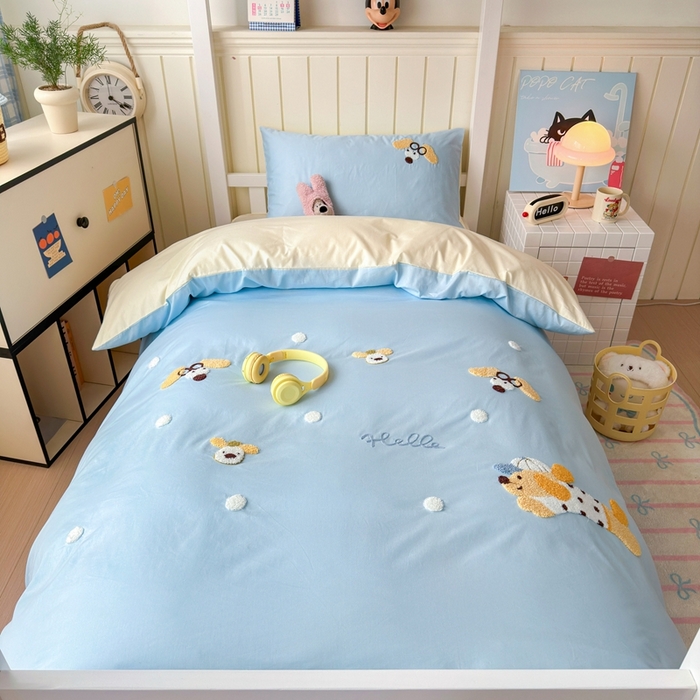 91家纺网 家纺一手货源 找家纺 锦觅 2025新款学生季全棉纯棉毛巾绣三件套奶油小清新刺绣四件套（全文件大图以及买家秀） 奔跑的狗狗