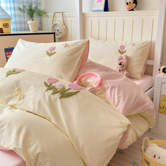 91家纺网 家纺一手货源 找家纺 锦觅 2025新款学生季全棉纯棉毛巾绣三件套奶油小清新刺绣四件套（全文件大图以及买家秀） 蝶恋花（米粉）