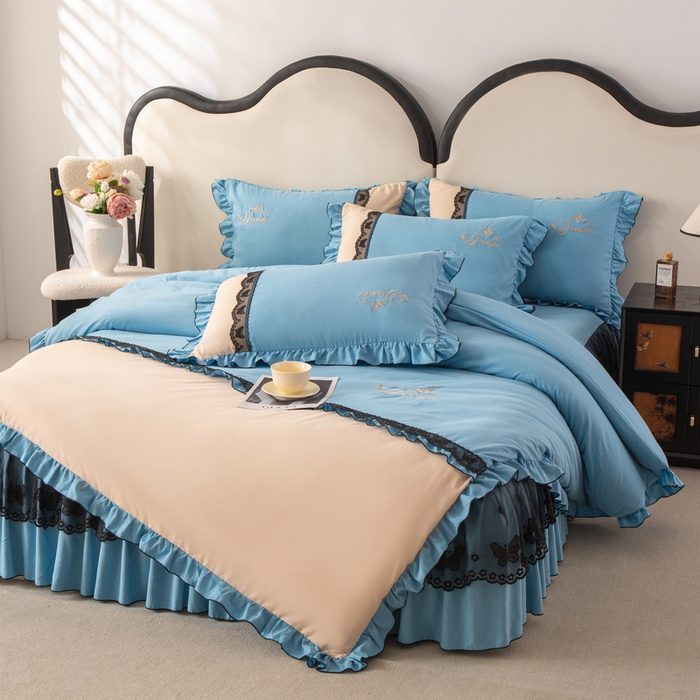 91家纺网 家纺一手货源 找家纺 皇谱家纺  2025新款60sA类水洗棉床裙款四件套-彩蝶之恋 彩蝶之恋-兰