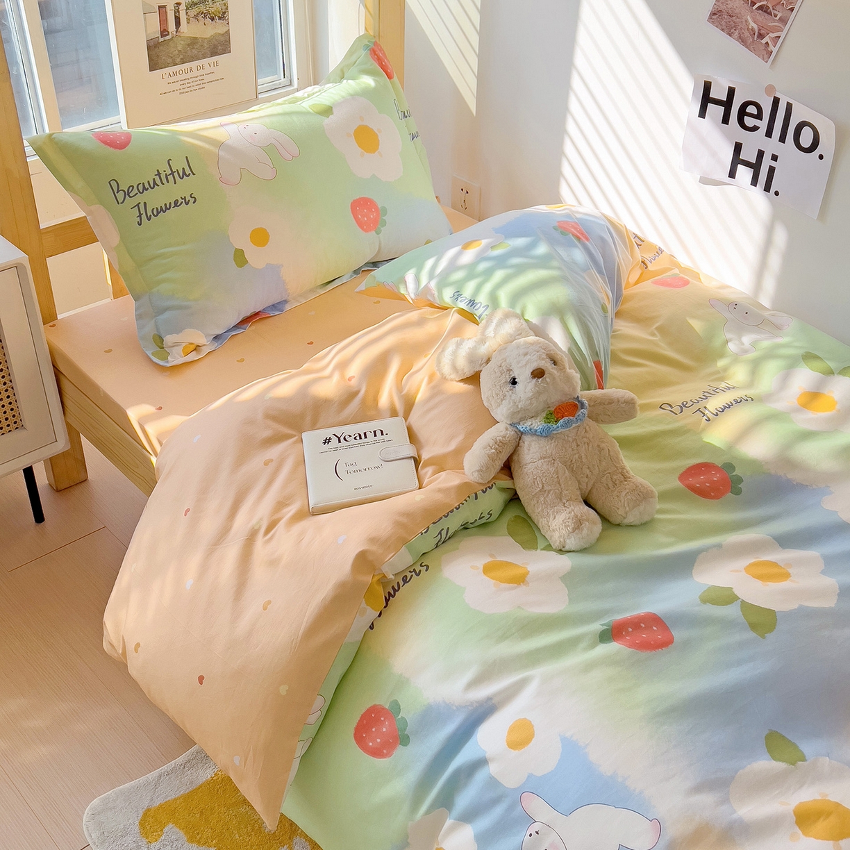 91家纺网 家纺一手货源 找家纺 依庭 2025新款全棉印花学生三件套宿舍三件套全棉三件套纯棉三件套 花蜜草莓