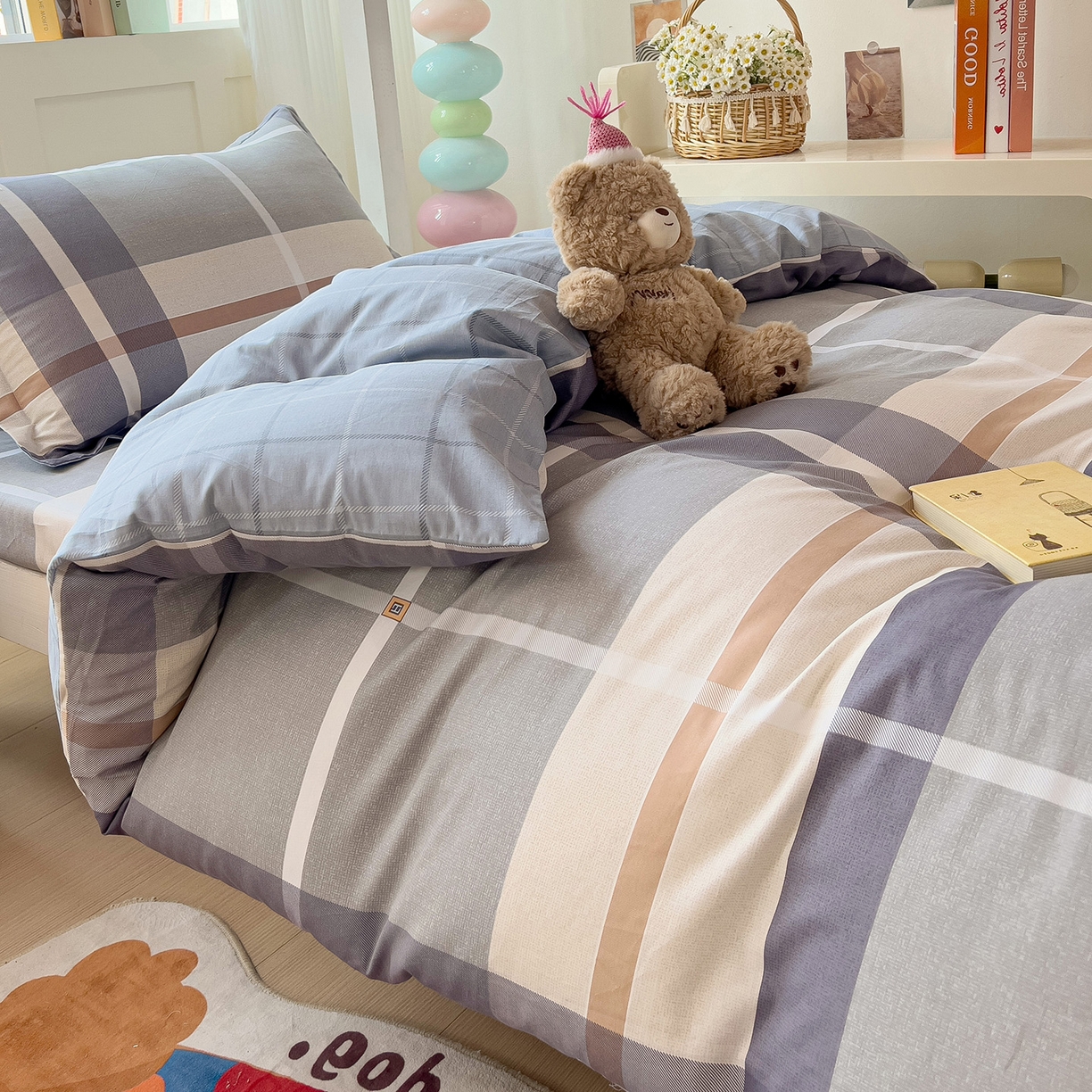 91家纺网 家纺一手货源 找家纺 依庭 2025新款全棉印花学生三件套宿舍三件套全棉三件套纯棉三件套 格纹速写