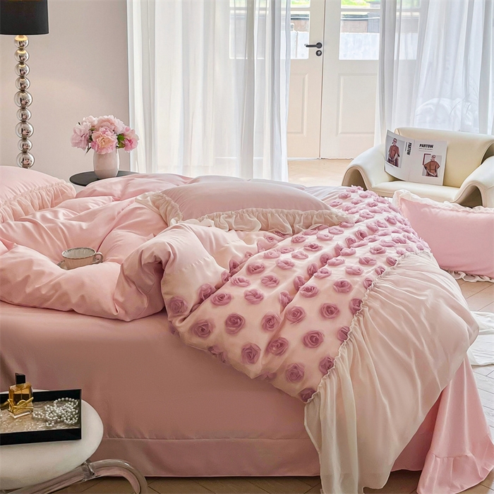 91家纺网 家纺一手货源 找家纺 （总）庭笙 2025新款梦幻纱立体玫瑰高定款法式蕾丝边四件套-玫瑰之恋