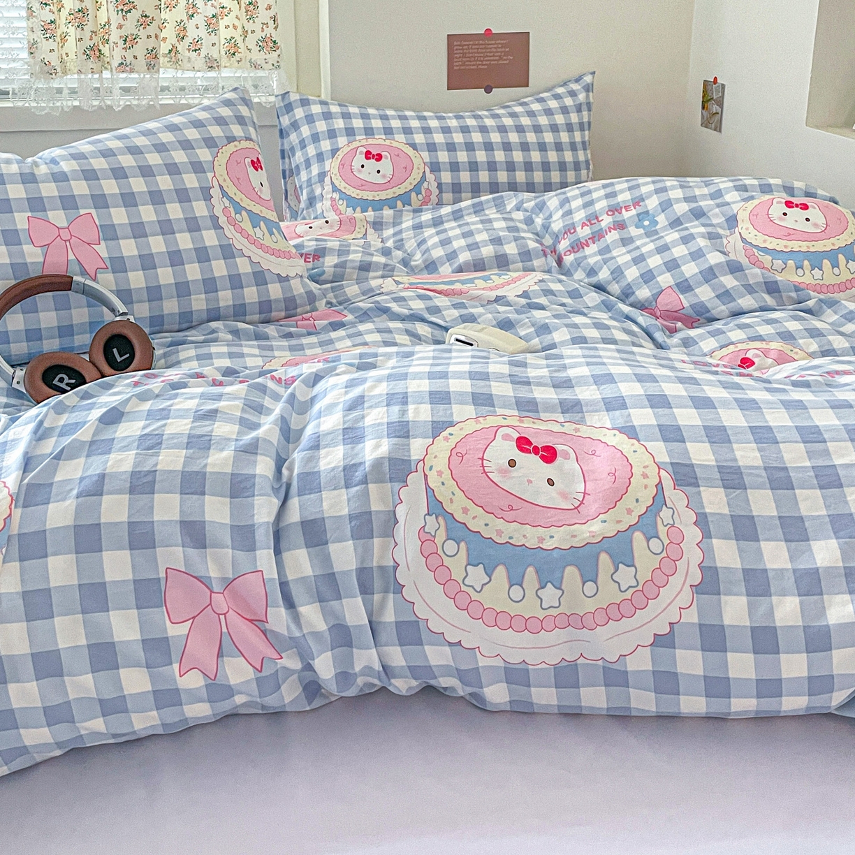 91家纺网 家纺一手货源 找家纺 纽曼2025新款纯棉水洗棉单品被套 蛋糕蓝格kt