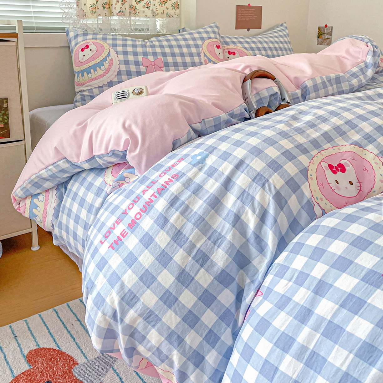 91家纺网 家纺一手货源 找家纺 纽曼2025新款纯棉水洗棉单品被套 蛋糕蓝格kt