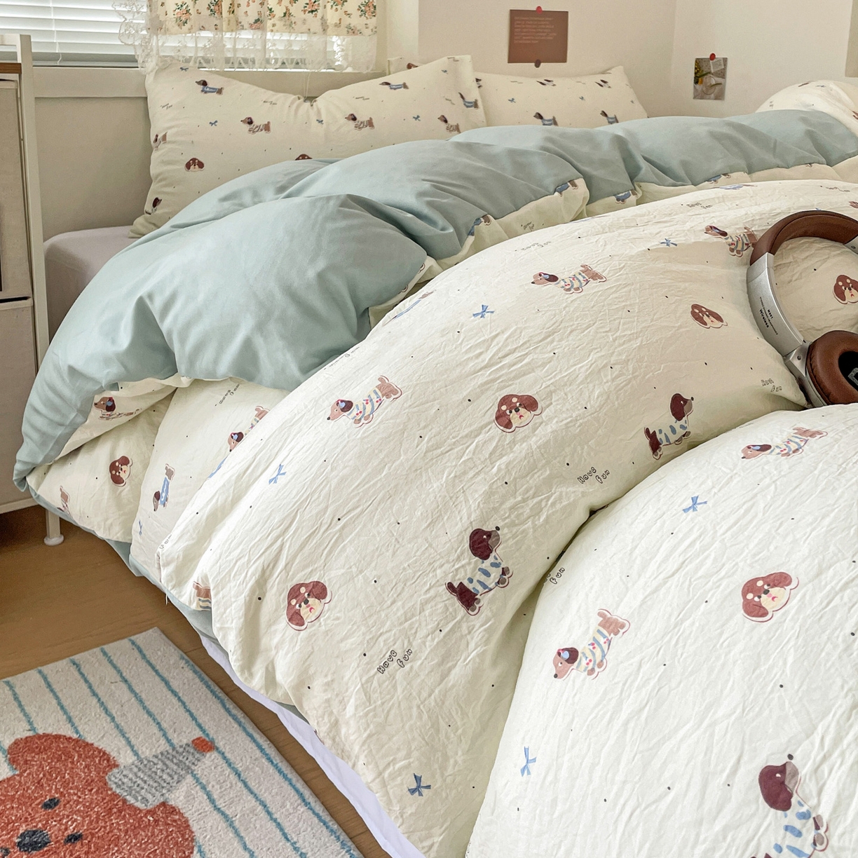 91家纺网 家纺一手货源 找家纺 纽曼2025新款纯棉水洗棉单品被套 可可腊肠犬