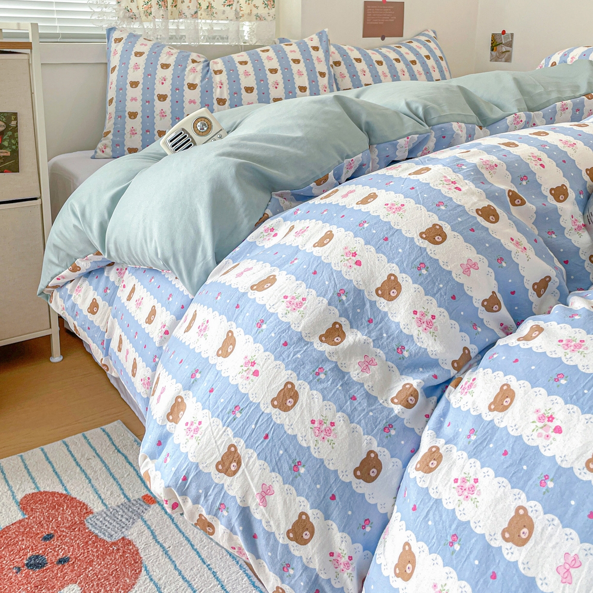 91家纺网 家纺一手货源 找家纺 纽曼2025新款纯棉水洗棉单品被套 小熊拉钩蓝