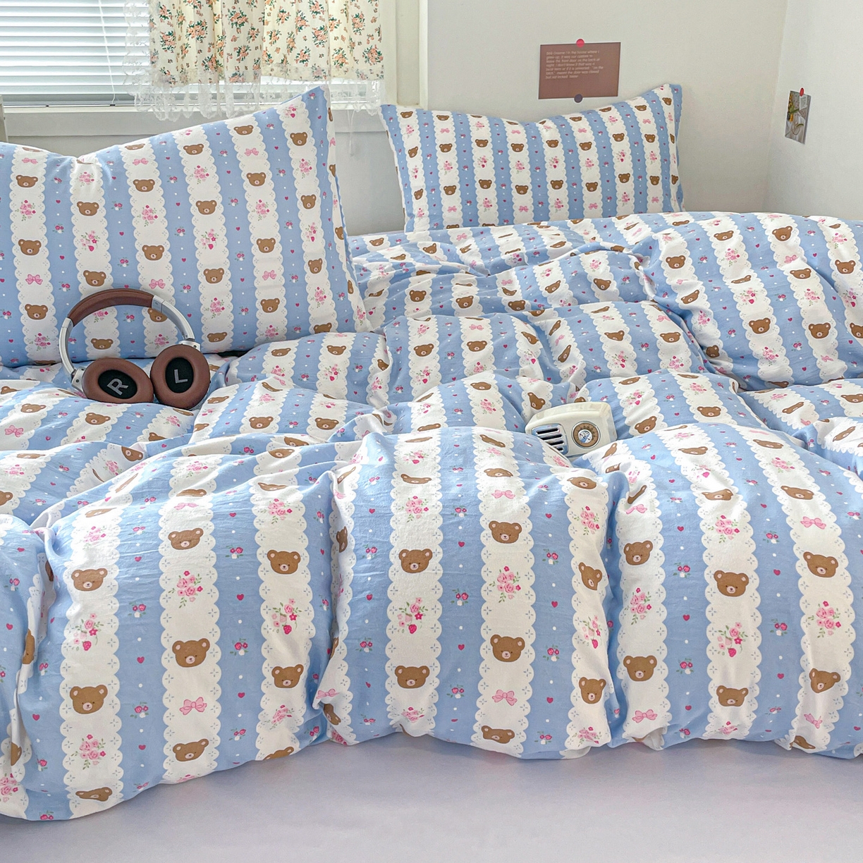 91家纺网 家纺一手货源 找家纺 纽曼2025新款纯棉水洗棉单品被套 小熊拉钩蓝