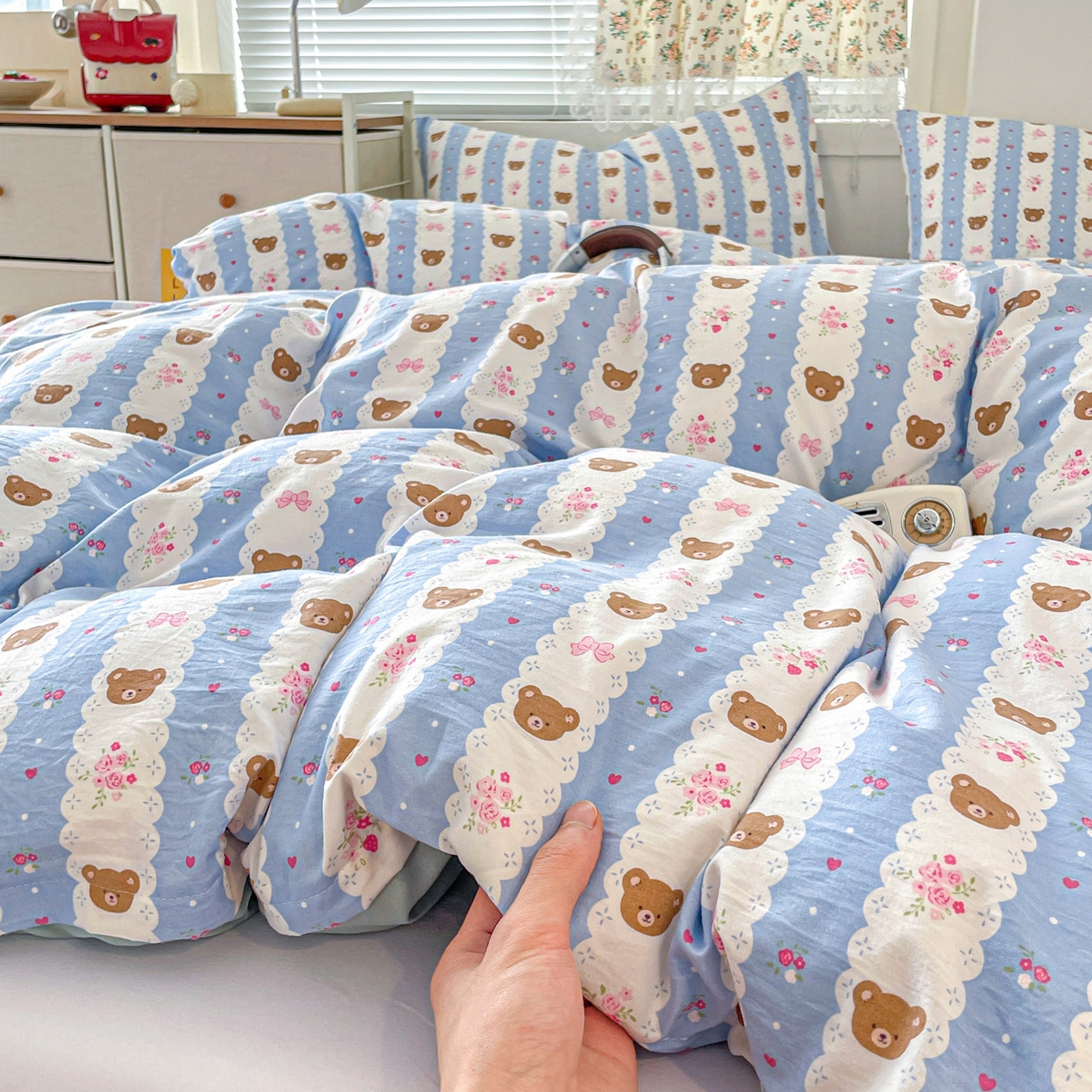 91家纺网 家纺一手货源 找家纺 纽曼2025新款纯棉水洗棉单品被套 小熊拉钩蓝