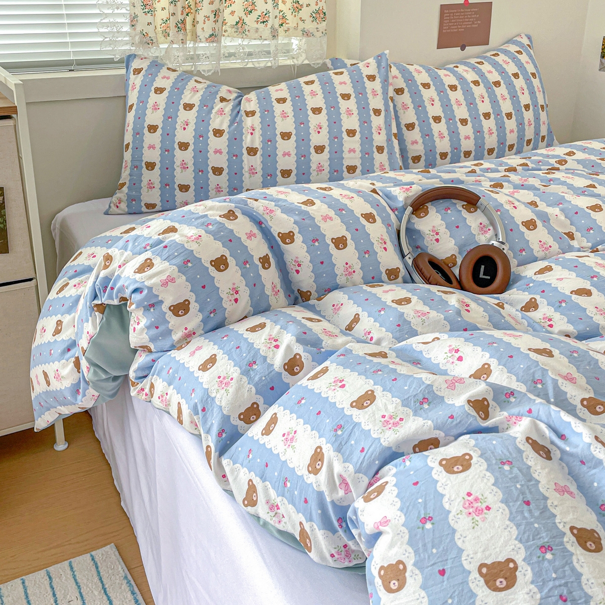 91家纺网 家纺一手货源 找家纺 纽曼2025新款纯棉水洗棉单品被套 小熊拉钩蓝