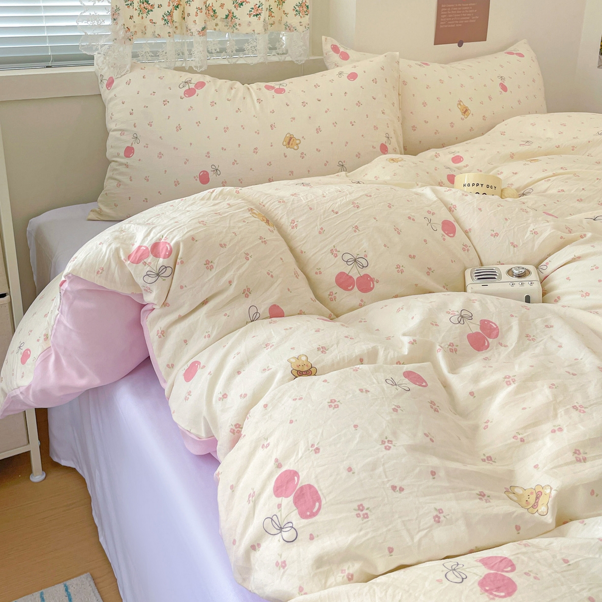 91家纺网 家纺一手货源 找家纺 纽曼2025新款纯棉水洗棉单品被套 摘樱桃的小熊