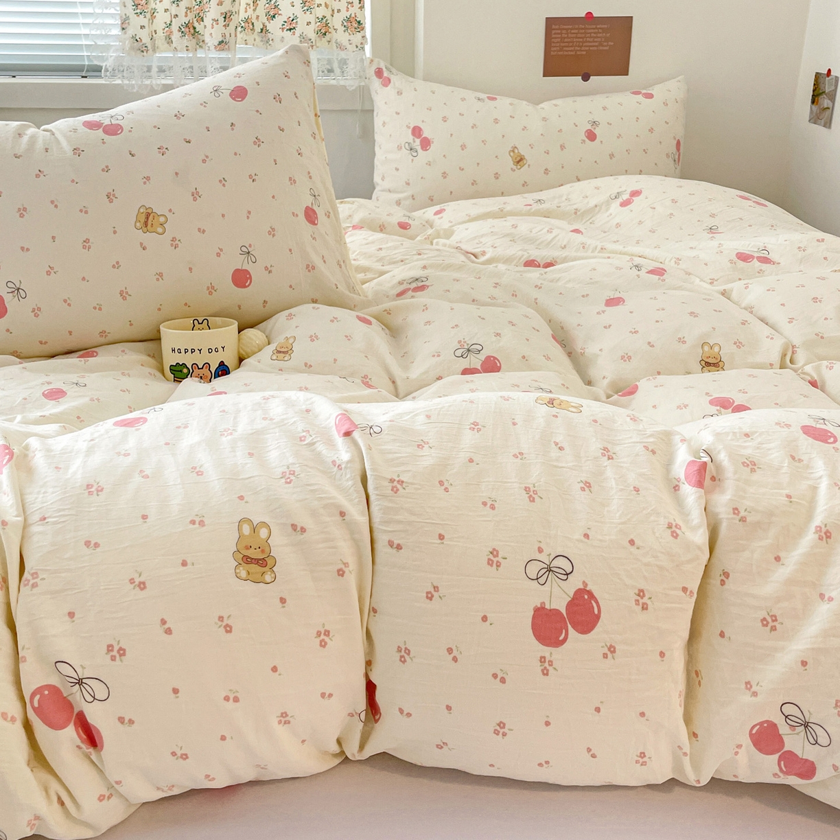 91家纺网 家纺一手货源 找家纺 纽曼2025新款纯棉水洗棉单品被套 摘樱桃的小熊