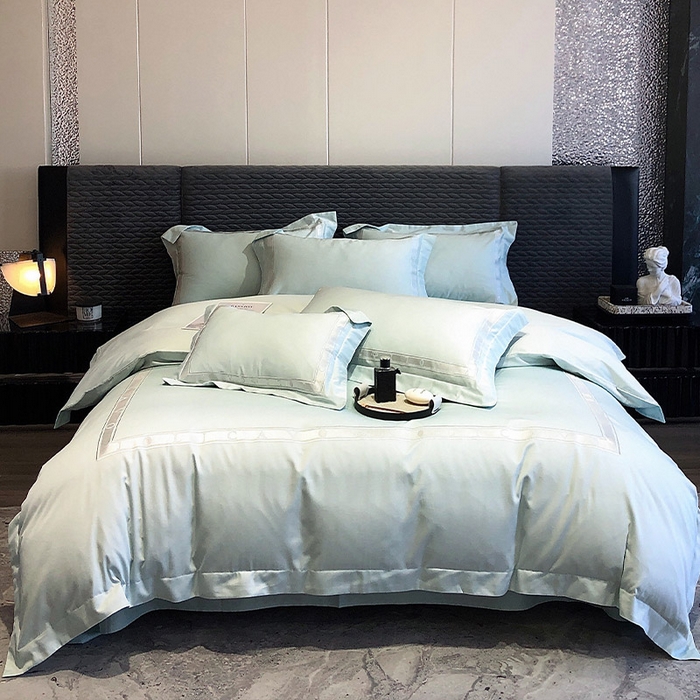 91家纺网 家纺一手货源 找家纺 （总） 【春夏新品】轻奢高级感100支长绒棉四件套全棉纯棉刺绣酒店风拼接被套纯色床单床上用品-曼哈顿