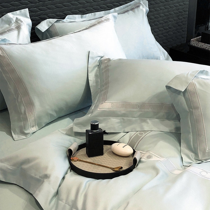 91家纺网 家纺一手货源 找家纺 （总） 【春夏新品】轻奢高级感100支长绒棉四件套全棉纯棉刺绣酒店风拼接被套纯色床单床上用品-曼哈顿