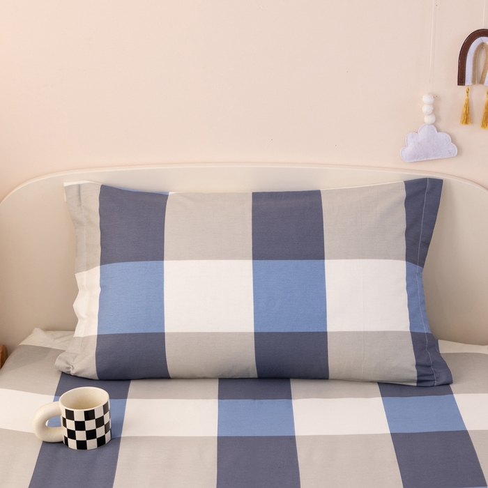 91家纺网 家纺一手货源 找家纺 凌云家纺 2025新款13372全棉学生床笠款三件套 上下铺六件套一整套 蓝大格蓝