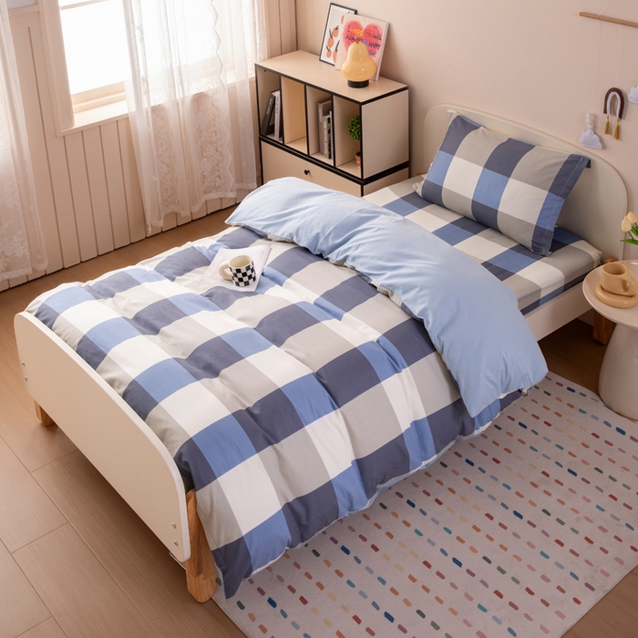 91家纺网 家纺一手货源 找家纺 凌云家纺 2025新款13372全棉学生床笠款三件套 上下铺六件套一整套 蓝大格蓝