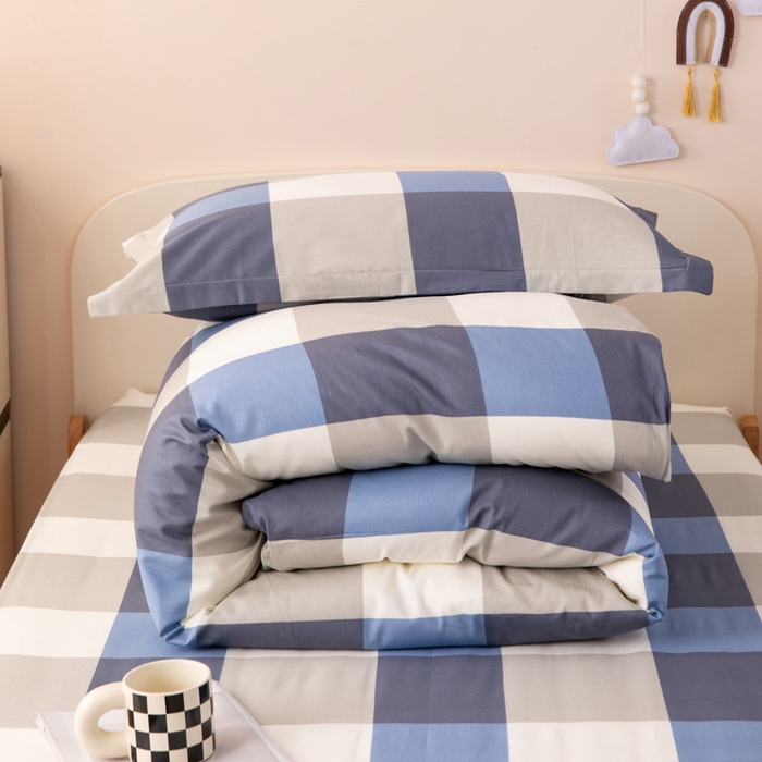 91家纺网 家纺一手货源 找家纺 凌云家纺 2025新款13372全棉学生床笠款三件套 上下铺六件套一整套 蓝大格蓝