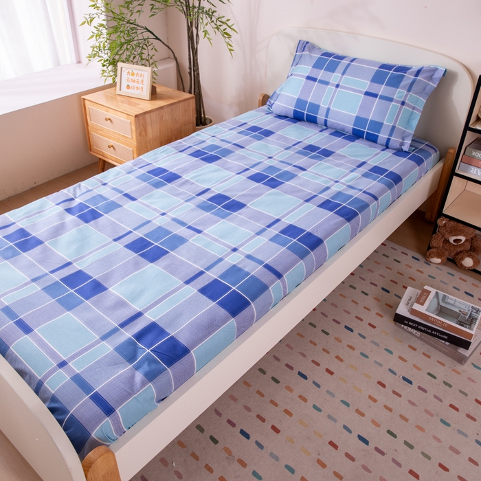 91家纺网 家纺一手货源 找家纺 凌云家纺 2025新款13372全棉学生床笠款三件套 上下铺六件套一整套 蓝绿格