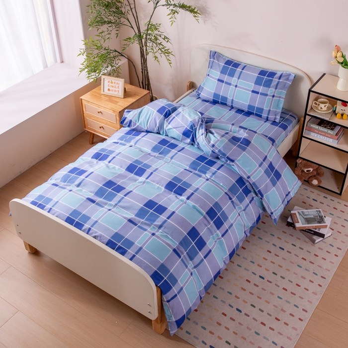 91家纺网 家纺一手货源 找家纺 凌云家纺 2025新款13372全棉学生床笠款三件套 上下铺六件套一整套 蓝绿格