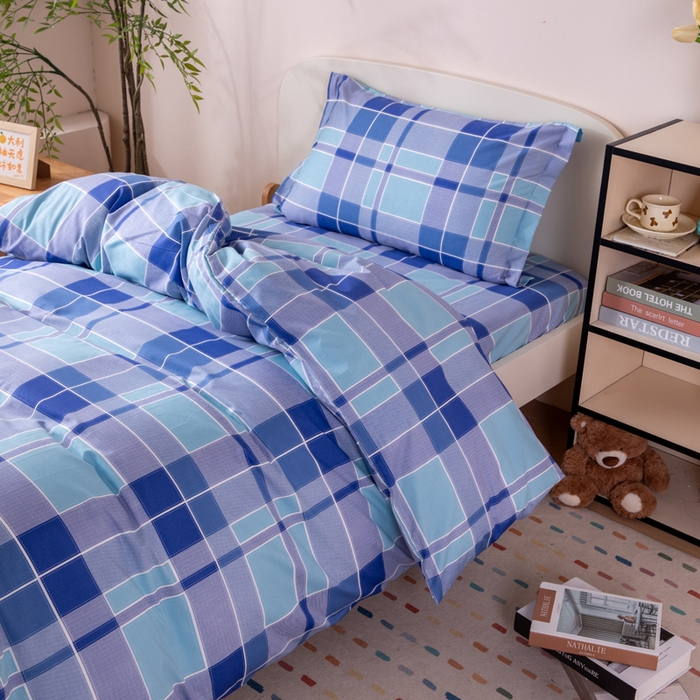 91家纺网 家纺一手货源 找家纺 凌云家纺 2025新款13372全棉学生床笠款三件套 上下铺六件套一整套 蓝绿格