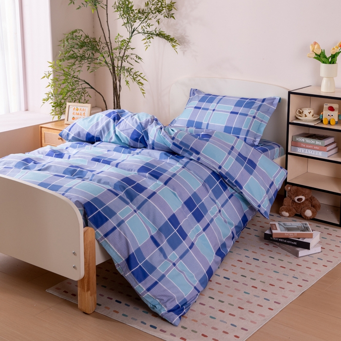 91家纺网 家纺一手货源 找家纺 凌云家纺 2025新款13372全棉学生床笠款三件套 上下铺六件套一整套 蓝绿格