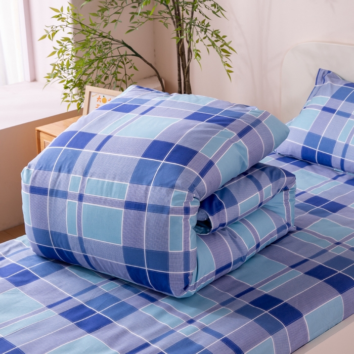 91家纺网 家纺一手货源 找家纺 凌云家纺 2025新款13372全棉学生床笠款三件套 上下铺六件套一整套 蓝绿格