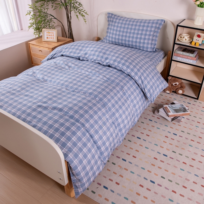 91家纺网 家纺一手货源 找家纺 凌云家纺 2025新款13372全棉学生床笠款三件套 上下铺六件套一整套 麦田蓝