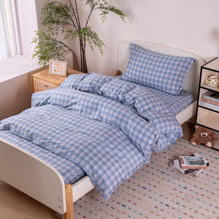 91家纺网 家纺一手货源 找家纺 凌云家纺 2025新款13372全棉学生床笠款三件套 上下铺六件套一整套 麦田蓝