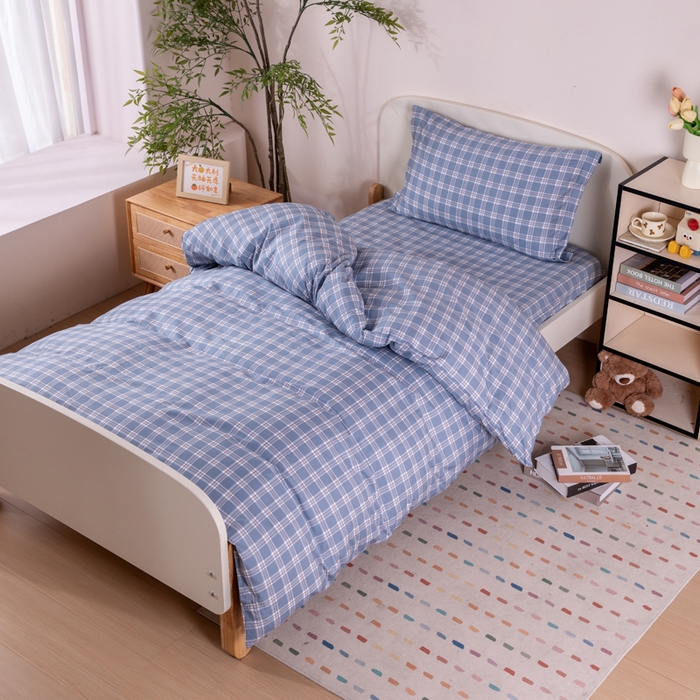 91家纺网 家纺一手货源 找家纺 凌云家纺 2025新款13372全棉学生床笠款三件套 上下铺六件套一整套 麦田蓝