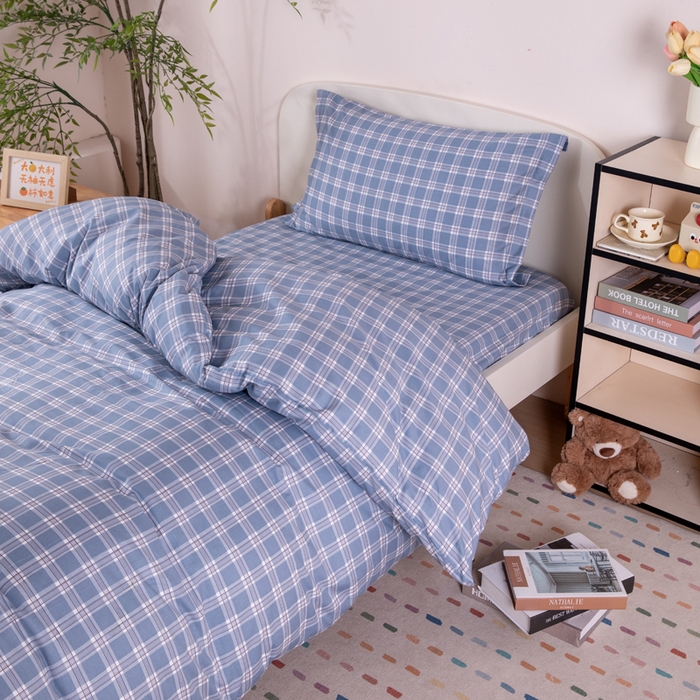 91家纺网 家纺一手货源 找家纺 凌云家纺 2025新款13372全棉学生床笠款三件套 上下铺六件套一整套 麦田蓝