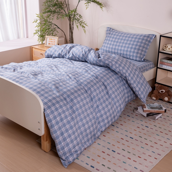 91家纺网 家纺一手货源 找家纺 凌云家纺 2025新款13372全棉学生床笠款三件套 上下铺六件套一整套 麦田蓝