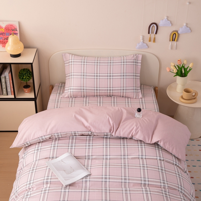 91家纺网 家纺一手货源 找家纺 凌云家纺 2025新款13372全棉学生床笠款三件套 上下铺六件套一整套 绮梦粉