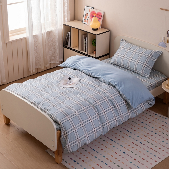 91家纺网 家纺一手货源 找家纺 凌云家纺 2025新款13372全棉学生床笠款三件套 上下铺六件套一整套 绮梦蓝