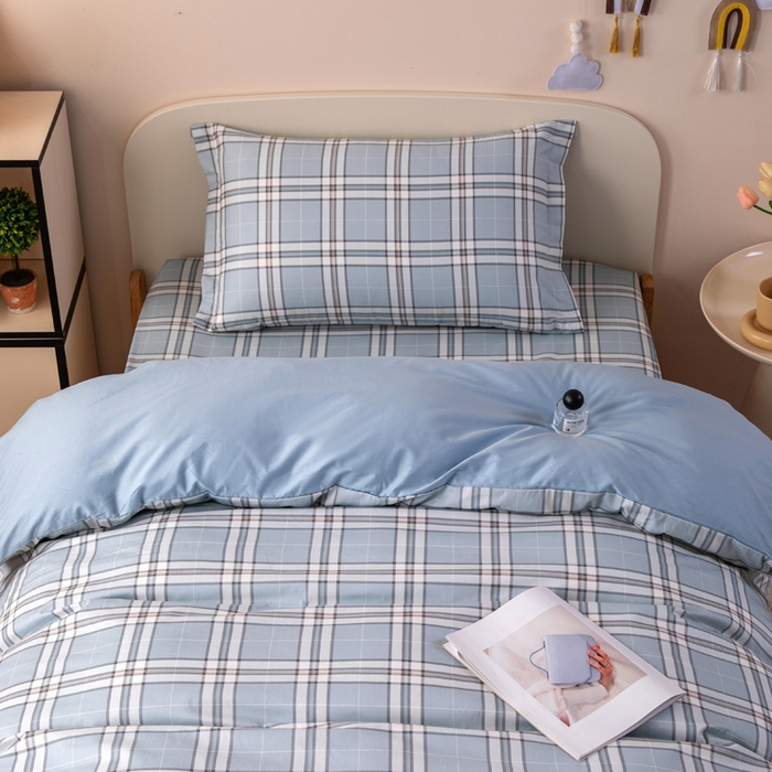 91家纺网 家纺一手货源 找家纺 凌云家纺 2025新款13372全棉学生床笠款三件套 上下铺六件套一整套 绮梦蓝