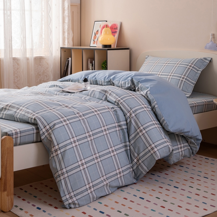 91家纺网 家纺一手货源 找家纺 凌云家纺 2025新款13372全棉学生床笠款三件套 上下铺六件套一整套 绮梦蓝