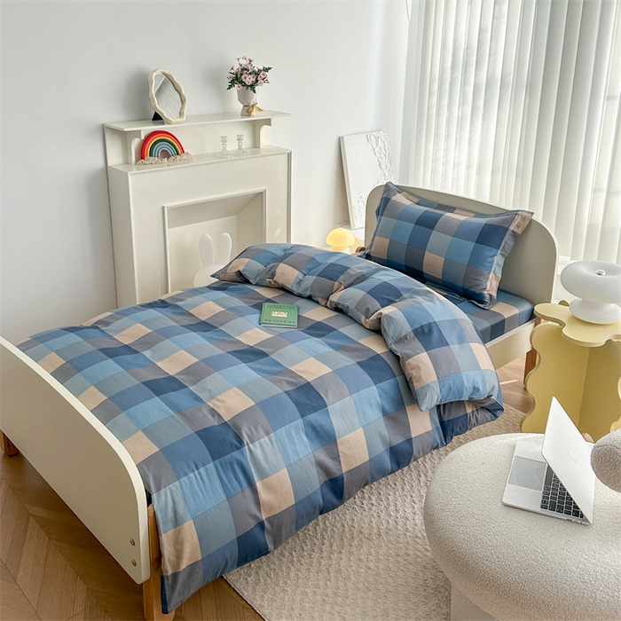 凌云家纺 2025新款13372全棉学生床笠款三件套 上下铺六件套一整套 灰蓝格