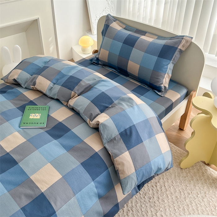 91家纺网 家纺一手货源 找家纺 凌云家纺 2025新款13372全棉学生床笠款三件套 上下铺六件套一整套 灰蓝格