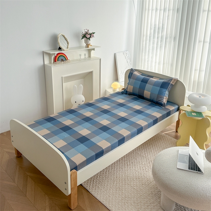 91家纺网 家纺一手货源 找家纺 凌云家纺 2025新款13372全棉学生床笠款三件套 上下铺六件套一整套 灰蓝格