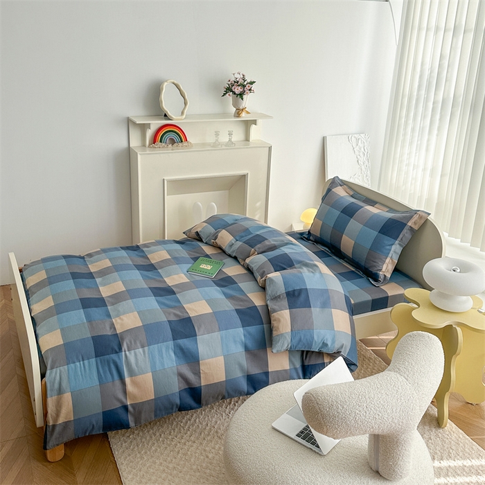 91家纺网 家纺一手货源 找家纺 凌云家纺 2025新款13372全棉学生床笠款三件套 上下铺六件套一整套 灰蓝格