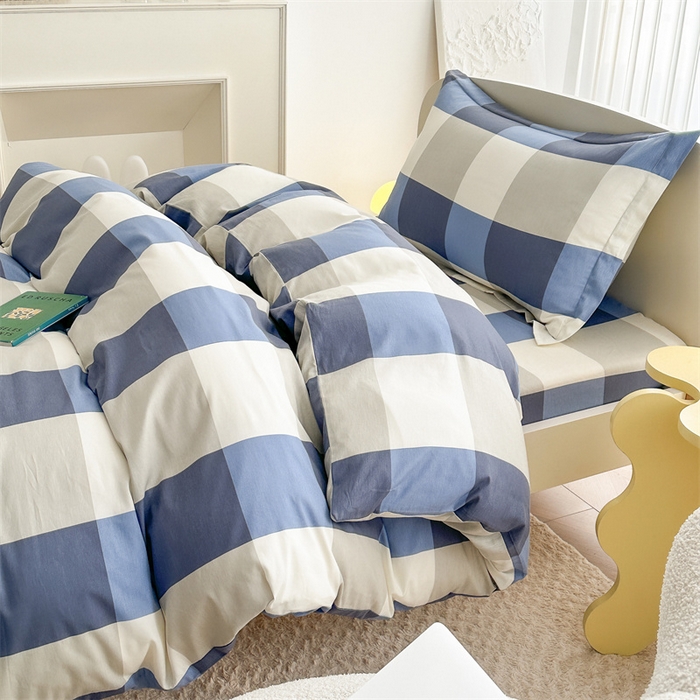 91家纺网 家纺一手货源 找家纺 凌云家纺 2025新款13372全棉学生床笠款三件套 上下铺六件套一整套 蓝大格