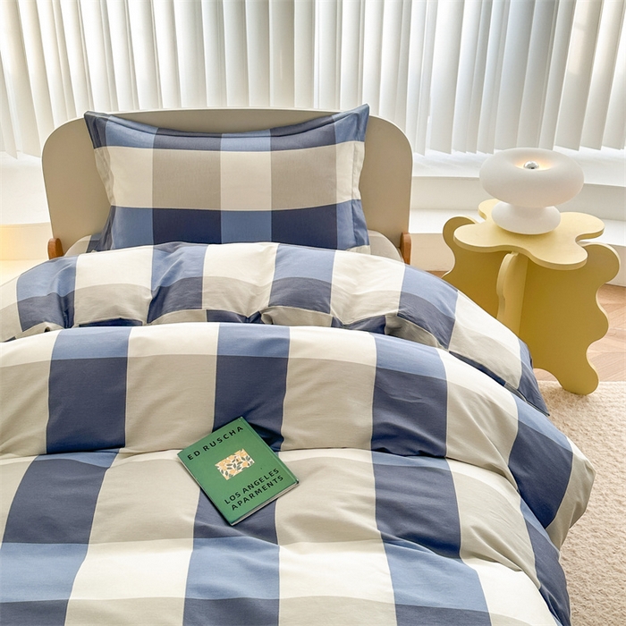 91家纺网 家纺一手货源 找家纺 凌云家纺 2025新款13372全棉学生床笠款三件套 上下铺六件套一整套 蓝大格