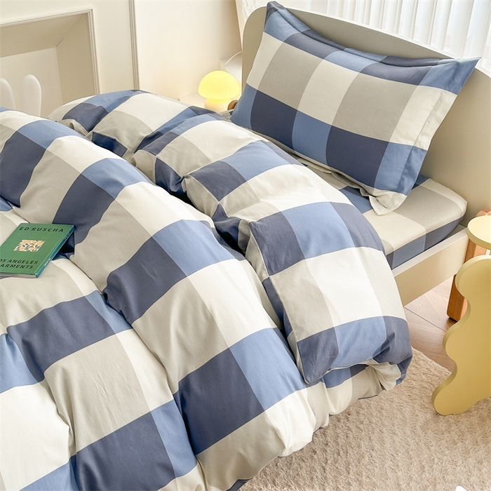 91家纺网 家纺一手货源 找家纺 凌云家纺 2025新款13372全棉学生床笠款三件套 上下铺六件套一整套 蓝大格