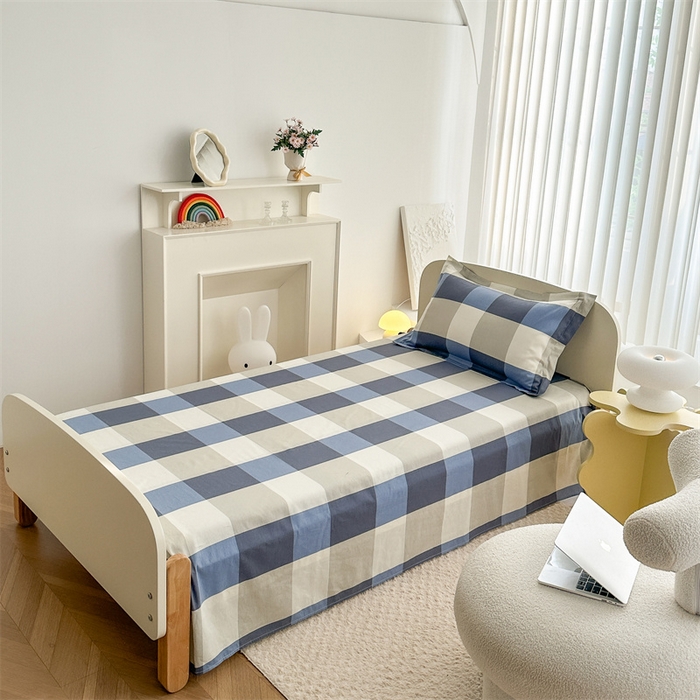 91家纺网 家纺一手货源 找家纺 凌云家纺 2025新款13372全棉学生床笠款三件套 上下铺六件套一整套 蓝大格