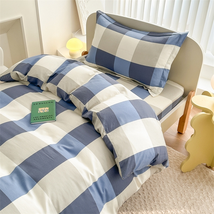 91家纺网 家纺一手货源 找家纺 凌云家纺 2025新款13372全棉学生床笠款三件套 上下铺六件套一整套 蓝大格