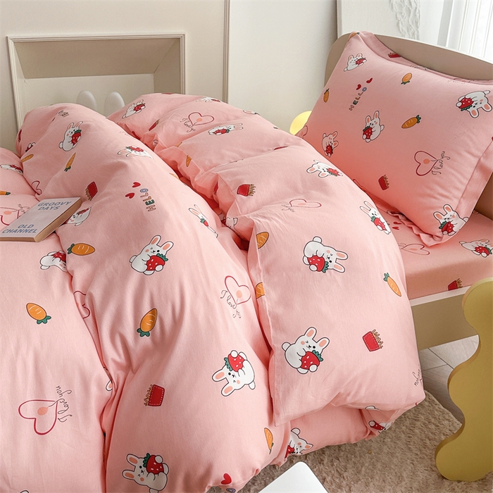 91家纺网 家纺一手货源 找家纺 凌云家纺 2025新款13372全棉学生床笠款三件套 上下铺六件套一整套 水果兔-粉