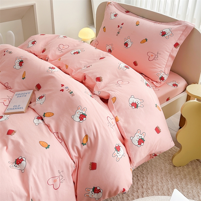 91家纺网 家纺一手货源 找家纺 凌云家纺 2025新款13372全棉学生床笠款三件套 上下铺六件套一整套 水果兔-粉