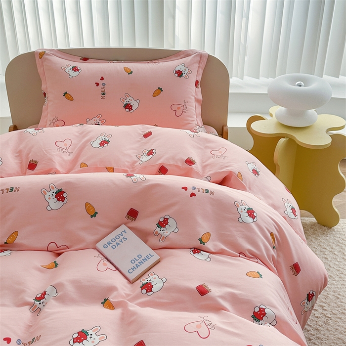 91家纺网 家纺一手货源 找家纺 凌云家纺 2025新款13372全棉学生床笠款三件套 上下铺六件套一整套 水果兔-粉