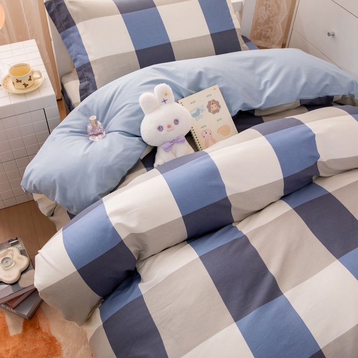 91家纺网 家纺一手货源 找家纺 凌云家纺 2025春夏新款13372全棉纯棉学生床套款三件套上下铺宿舍六件套一整套 蓝大格蓝