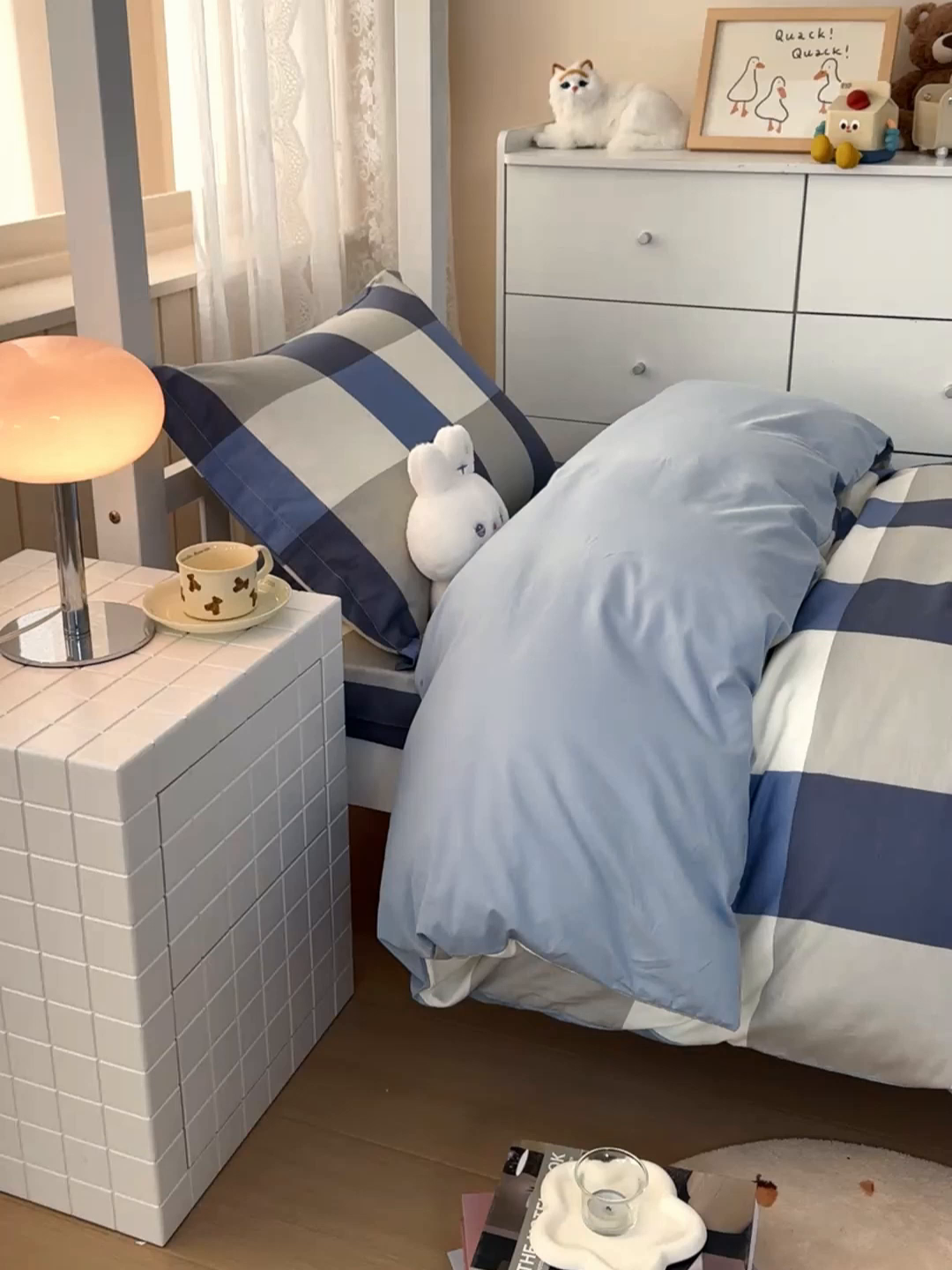 91家纺网 家纺一手货源 找家纺 凌云家纺 2025春夏新款13372全棉纯棉学生床套款三件套上下铺宿舍六件套一整套 蓝大格蓝